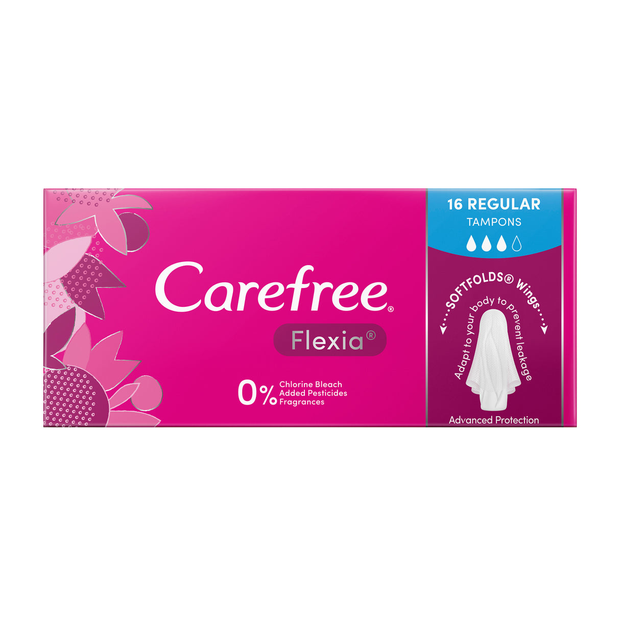 Carefree Flexia Fragrance Free Regular Tampons With Wings 16 Pack