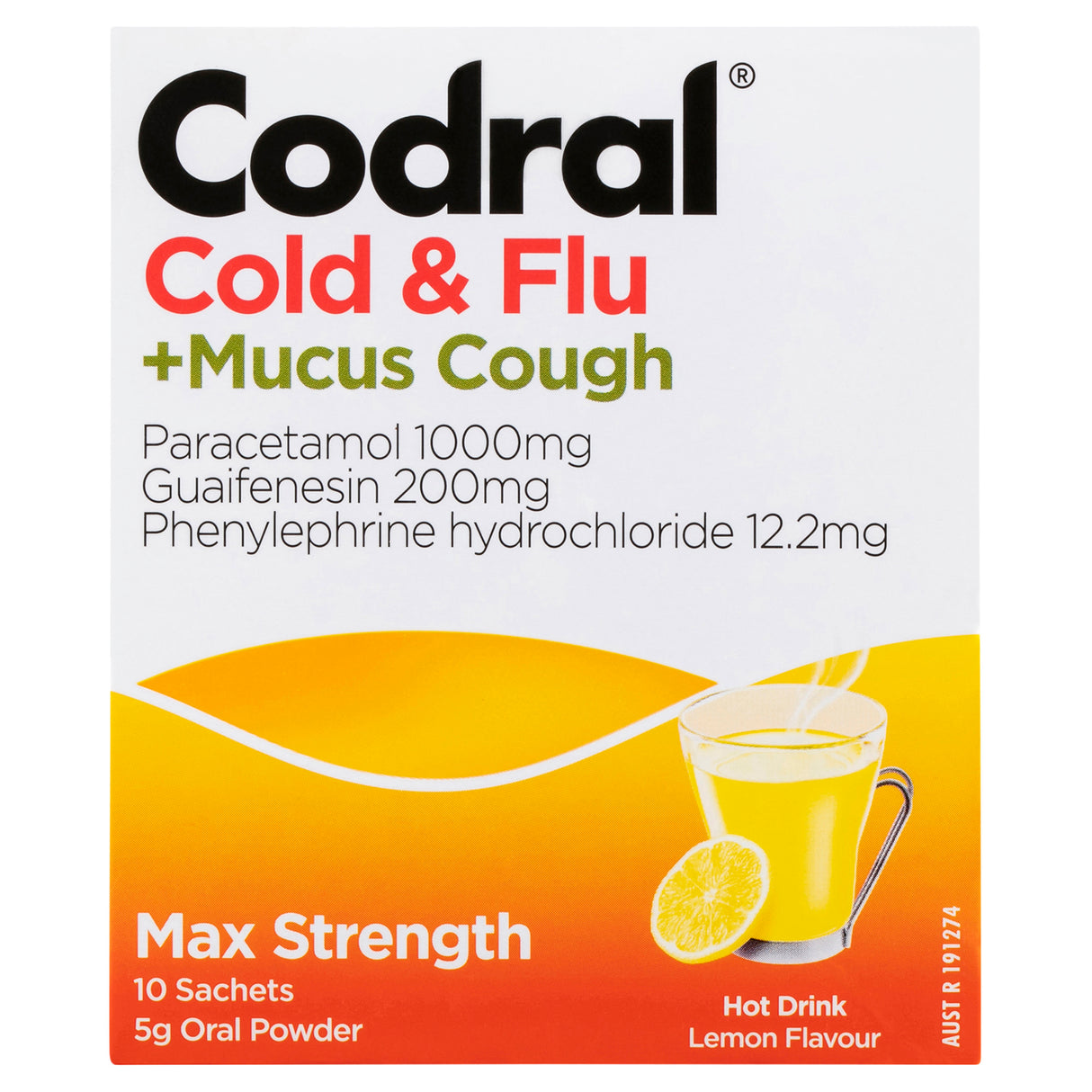 Codral Cold & Flu + Mucus Cough Max Strength Hot Drink Oral Powder Lemon 10 Pack