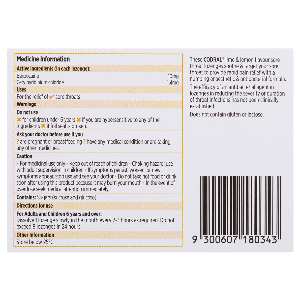 Codral Duo Relief Sore Throat Lozenges Antibacterial + Anaesthetic Lime & Lemon 16 Pack