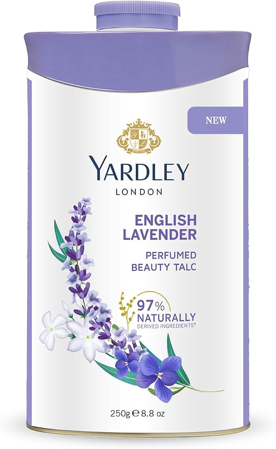 A cylindrical white and lavender container of Yardley London English Lavender Perfumed Beauty Talc, featuring lavender and white flower illustrations on the front label.