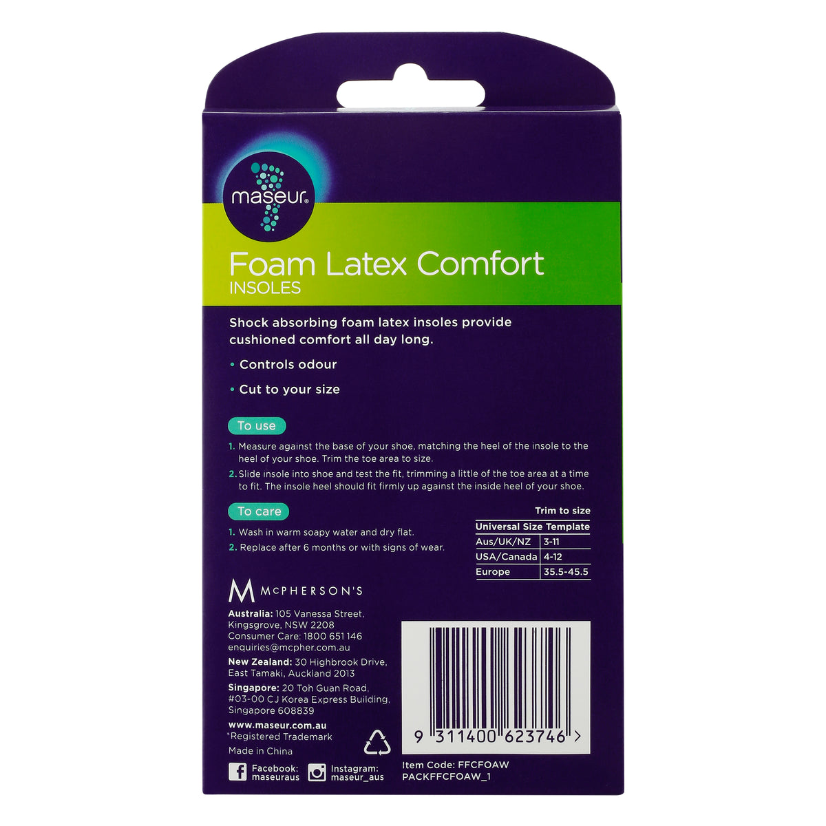 Footcare Foam Latex Comfort Insoles, 1 pair
