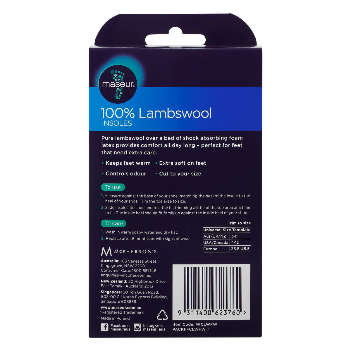 Footcare Lambswool Cushioned Shoe Insoles, 1 pair