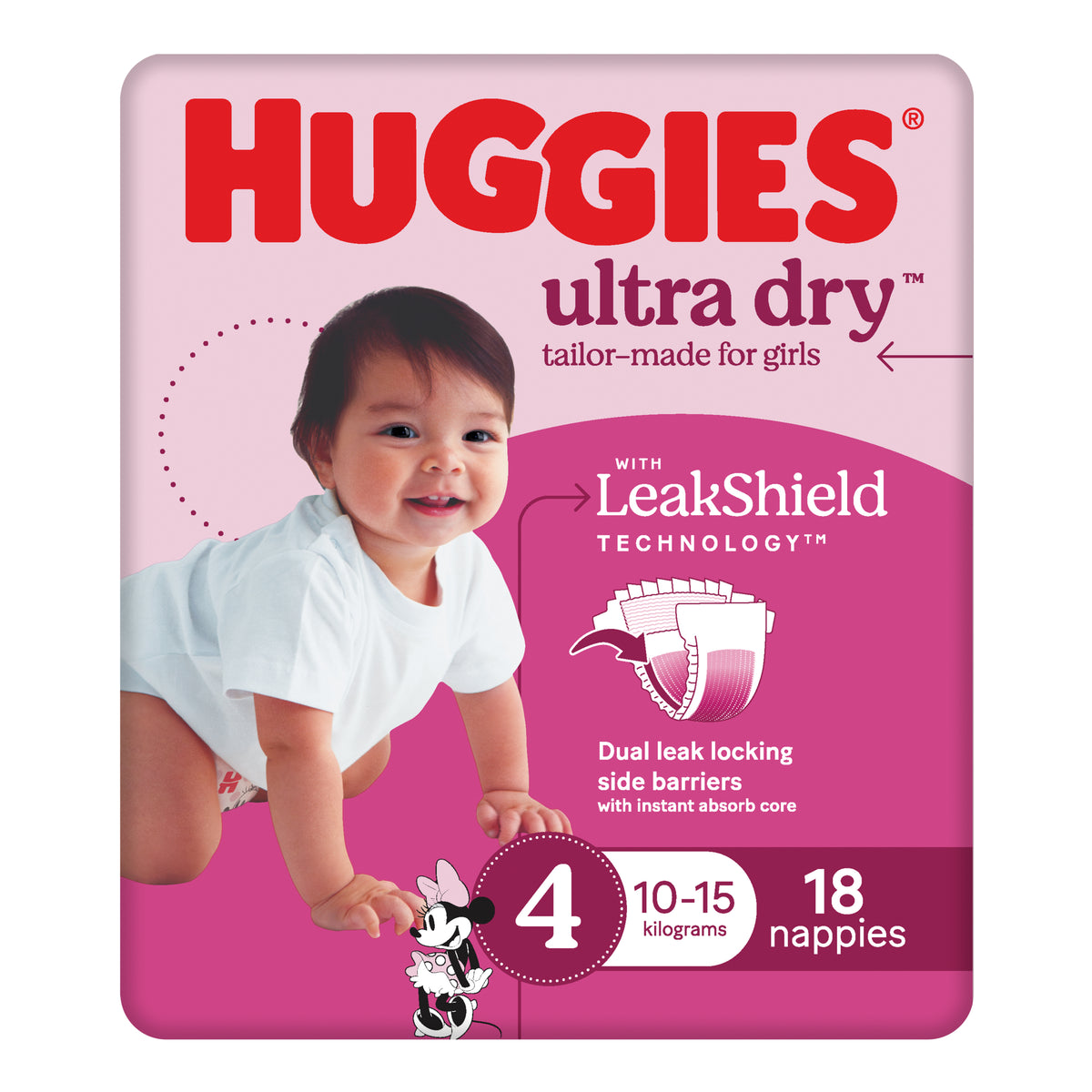 Huggies Ultra Dry Nappies Girls Size 4 (10-15kg) 18 Pack