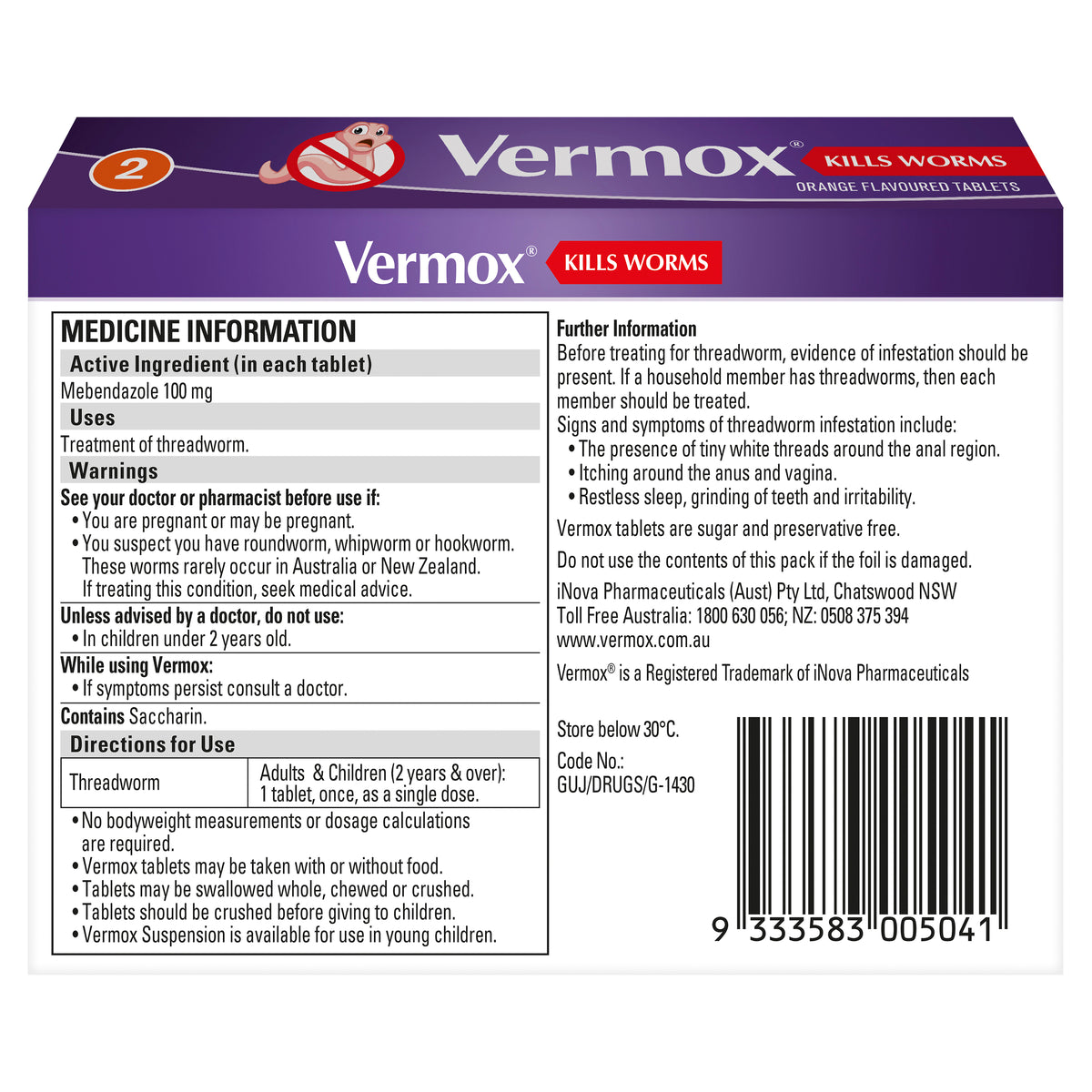 Vermox Worming Treatment Orange 2 Tablets