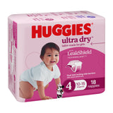 Huggies Ultra Dry Nappies Girls Size 4 (10-15kg) 18 Pack