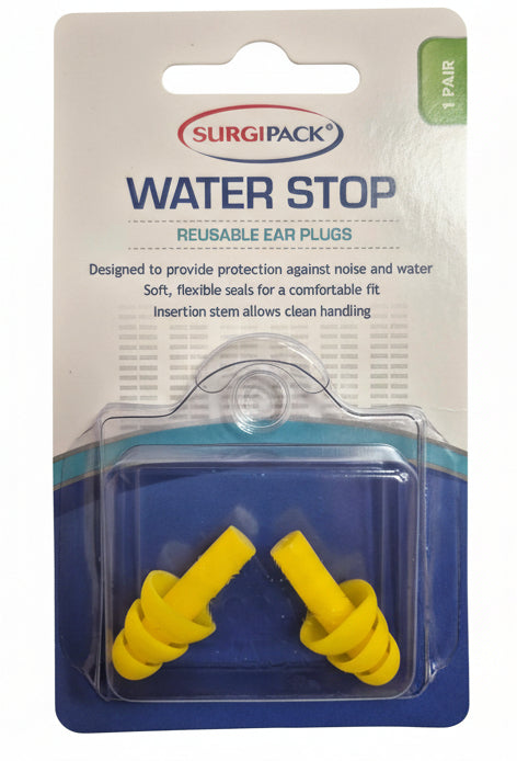 Yellow ear plugs in a clear plastic case on a beige and blue packaging background with 'Surgipack' branding.