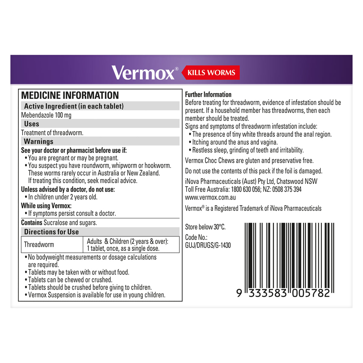 Vermox Worming Treatment Choc Chews 4 Tablets