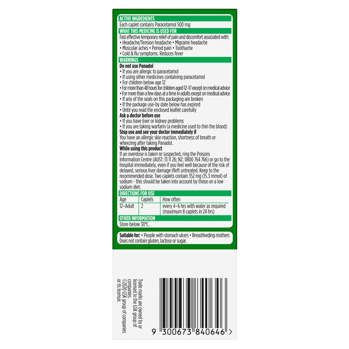 Panadol Rapid for Pain Relief, Paracetamol - 500mg 40 Caplets - LIMIT 2