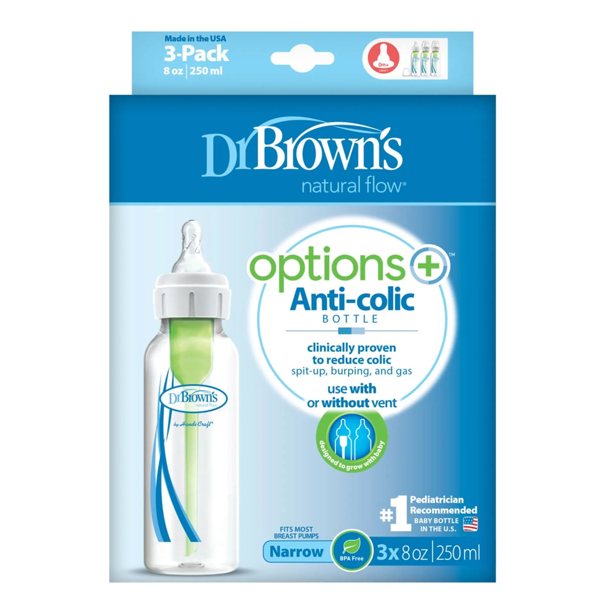 Dr. Brown's 250ml Narrow Neck Feeding Bottle Level 1 Teat 3pk