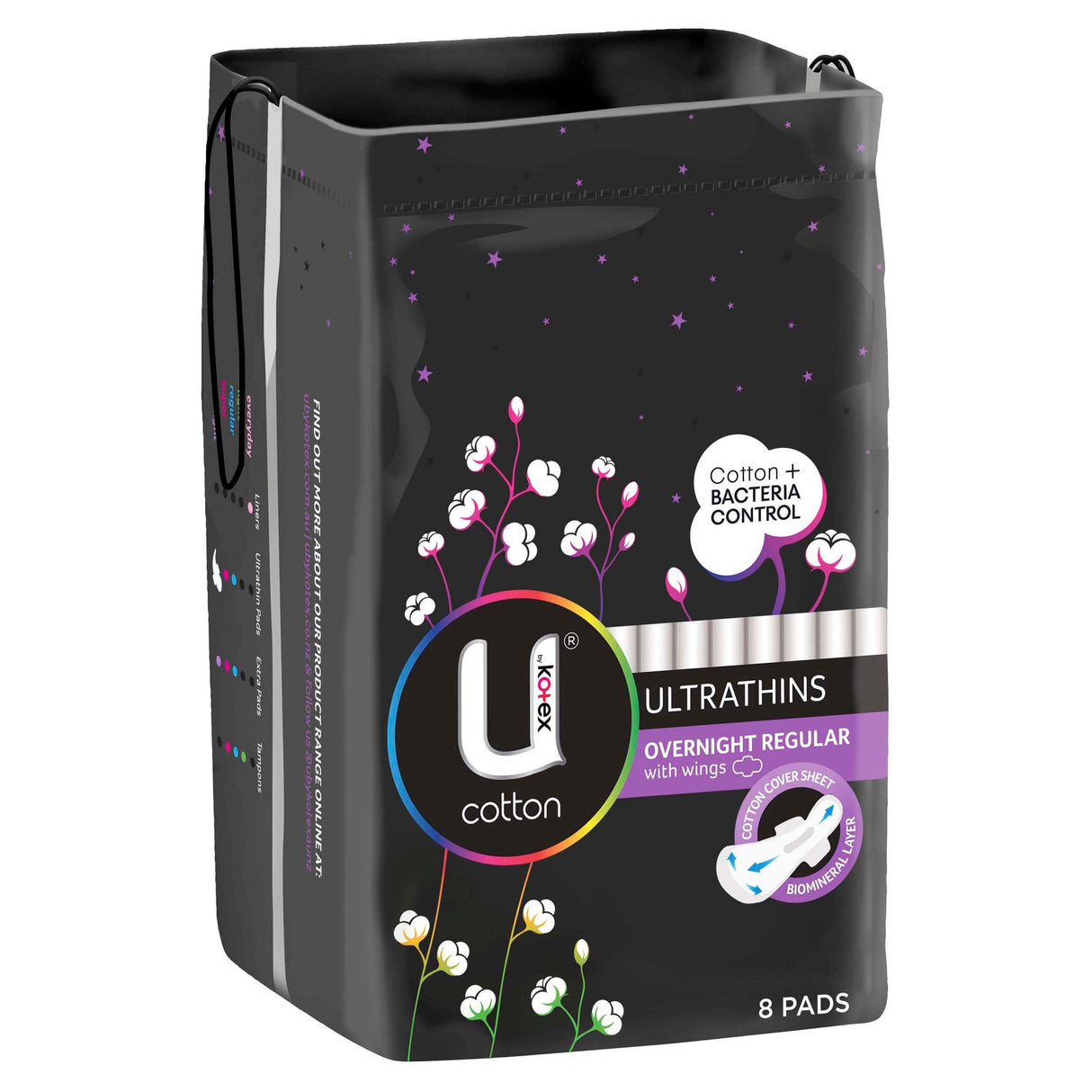 U by Kotex Cotton Ultrathin Pads Overnight with Wings 8 Pack