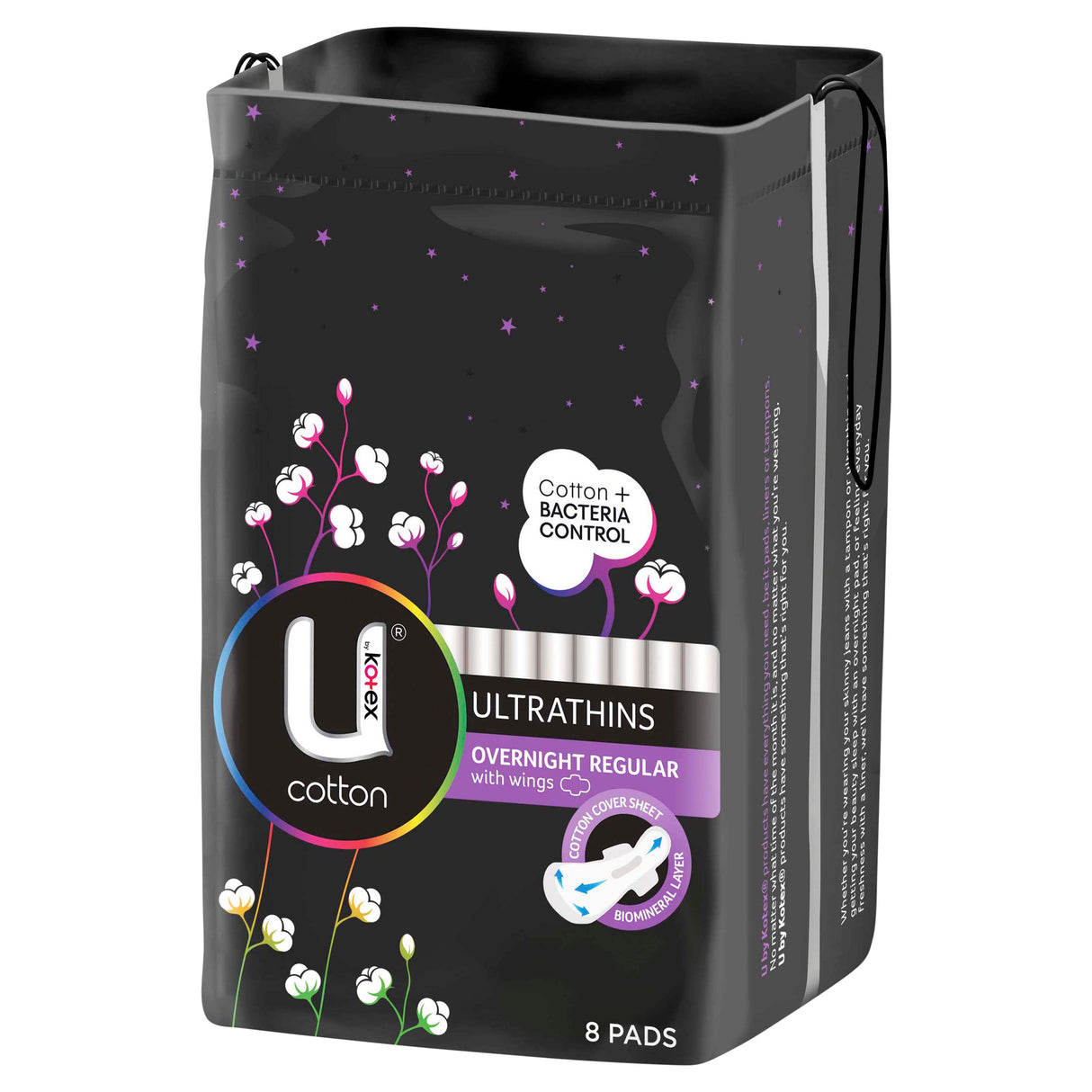 U by Kotex Cotton Ultrathin Pads Overnight with Wings 8 Pack