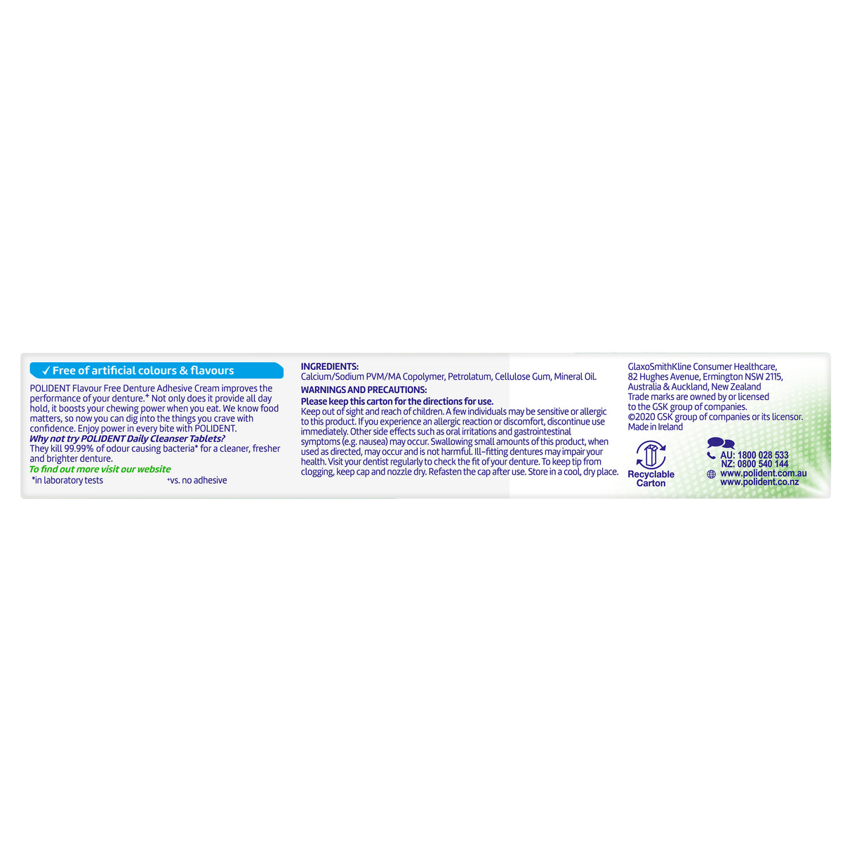 Polident Denture Adhesive Cream Flavour Free 60g