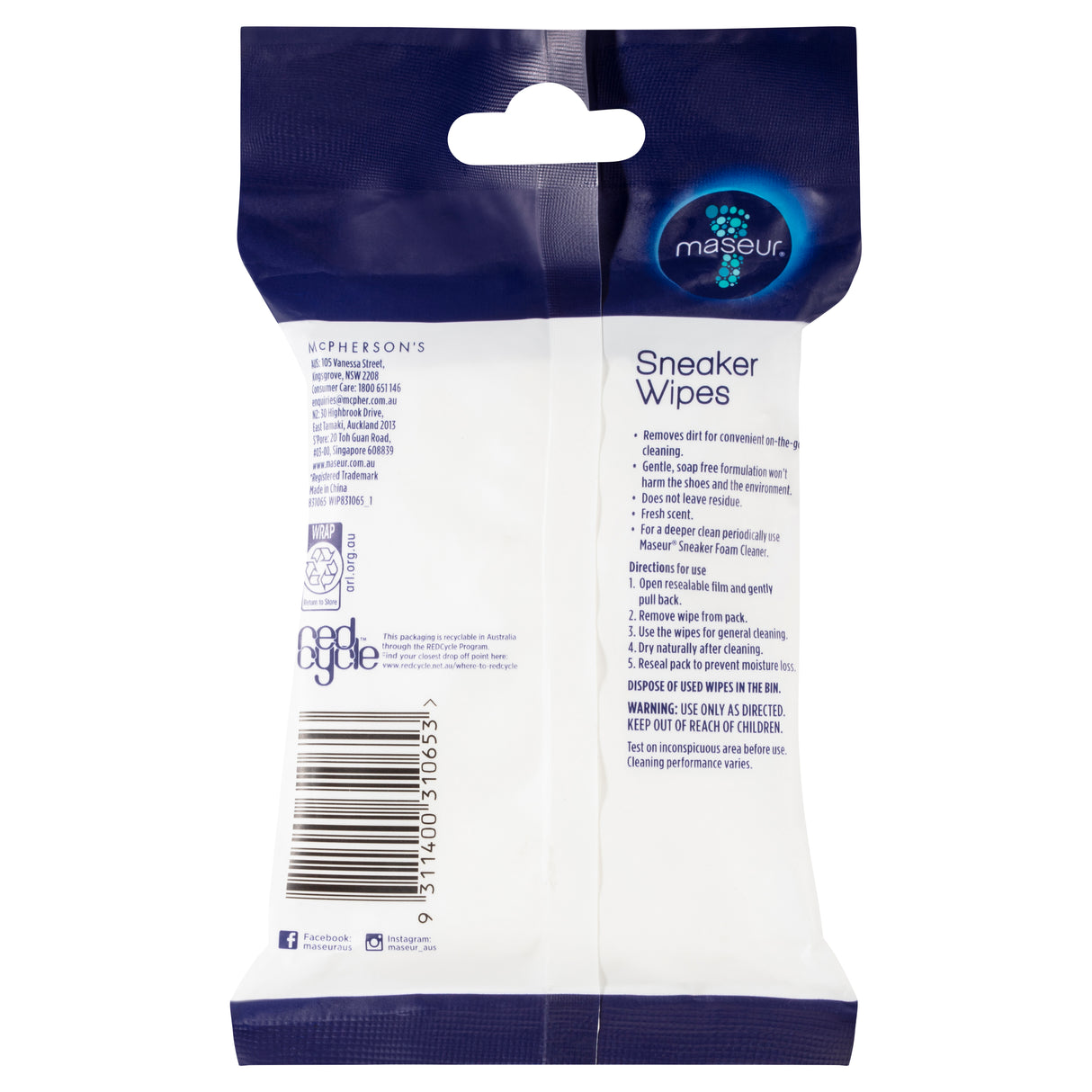 Maseur Footcare Sneaker Wipes 20 Pack
