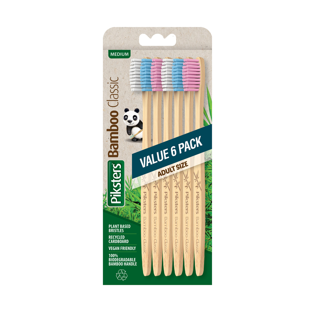 Piksters Bamboo Classic Adult Toothbrush Medium 6pk
