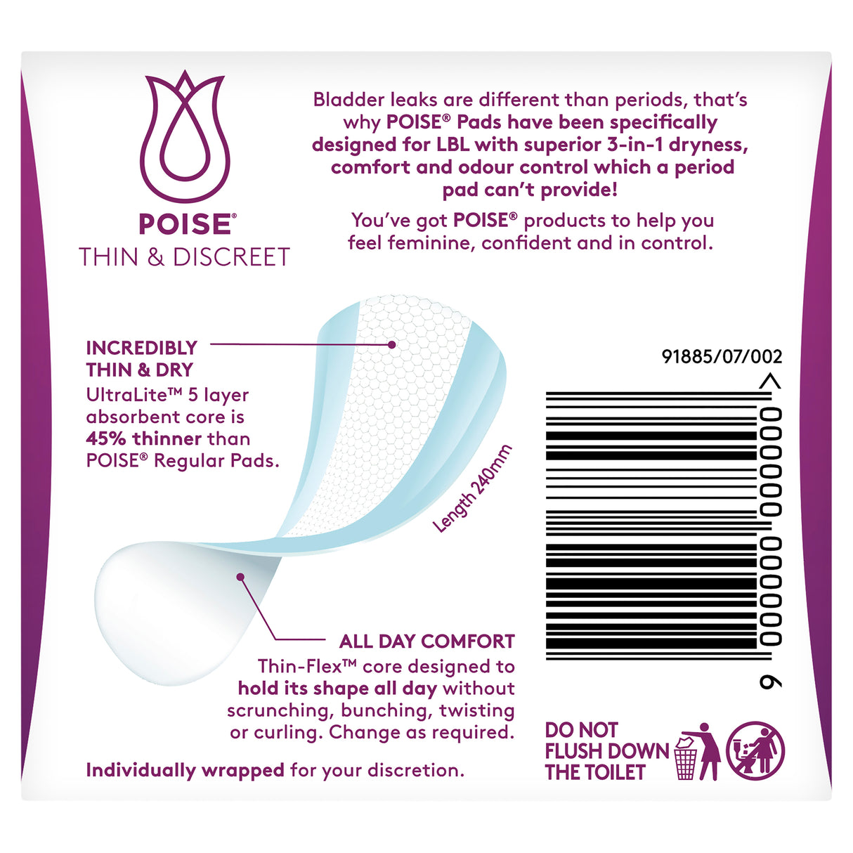 Poise Thin & Discreet Incontinence Pads Regular 16 Pack