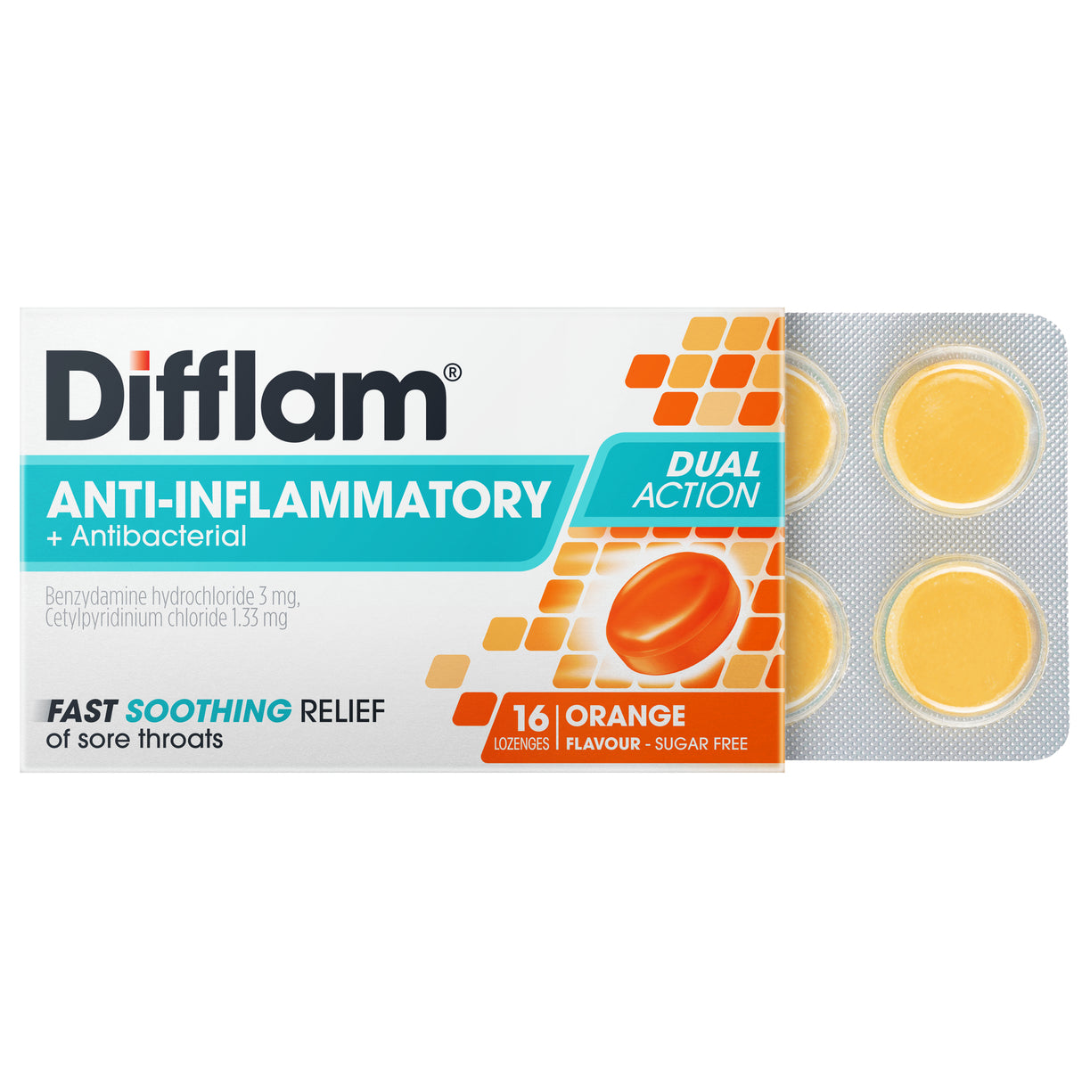 Difflam Sore Throat Lozenges Sugar Free Orange Flavour 16 Pack