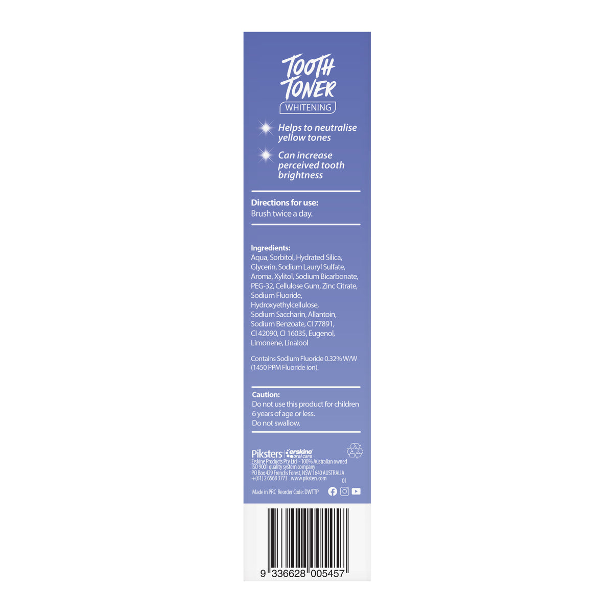 Piksters Tooth Toner Whitening Toothpaste Original Purple 96g