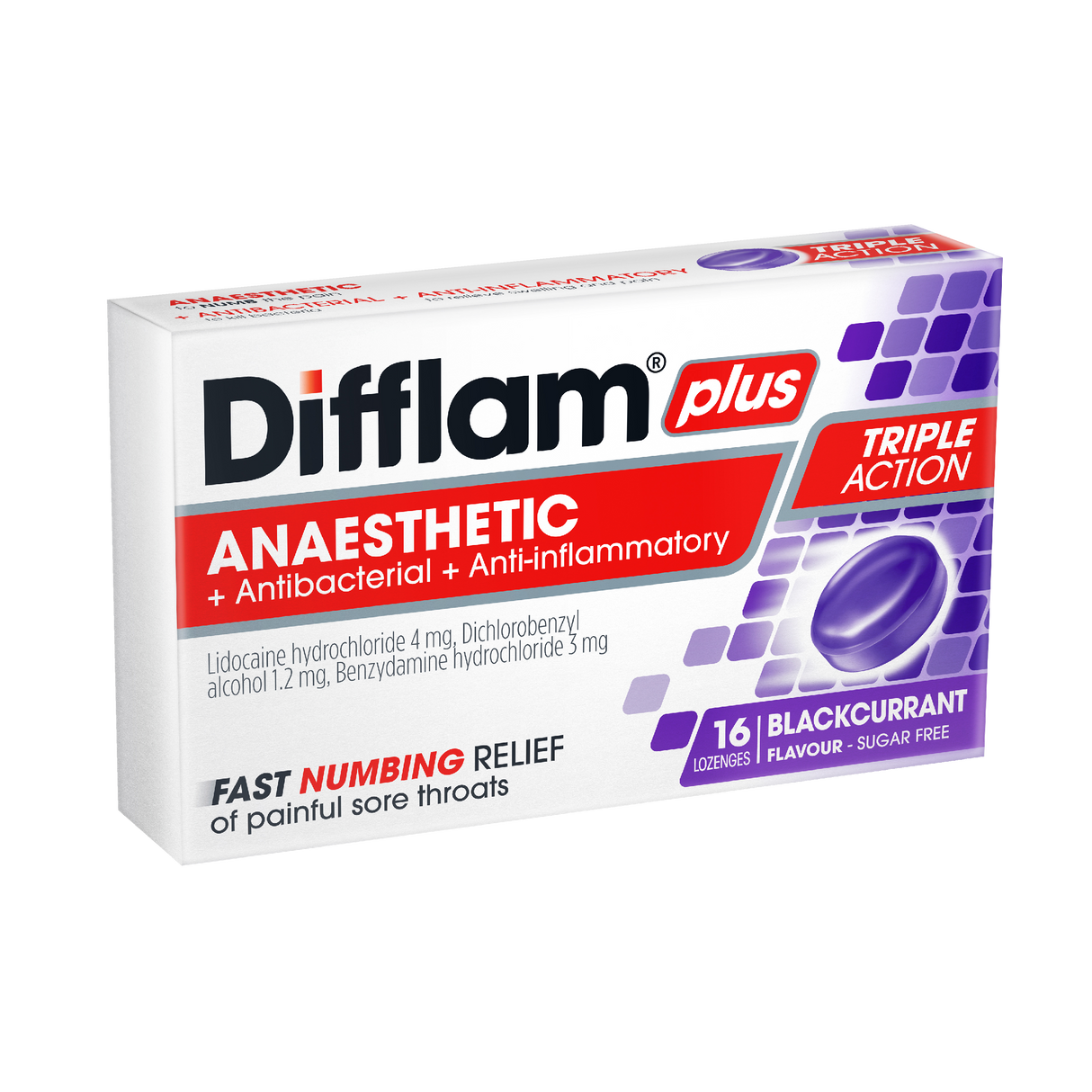 Difflam Plus Anaesthetic Sore Throat Lozenges Blackcurrant Flavour 16 Pack
