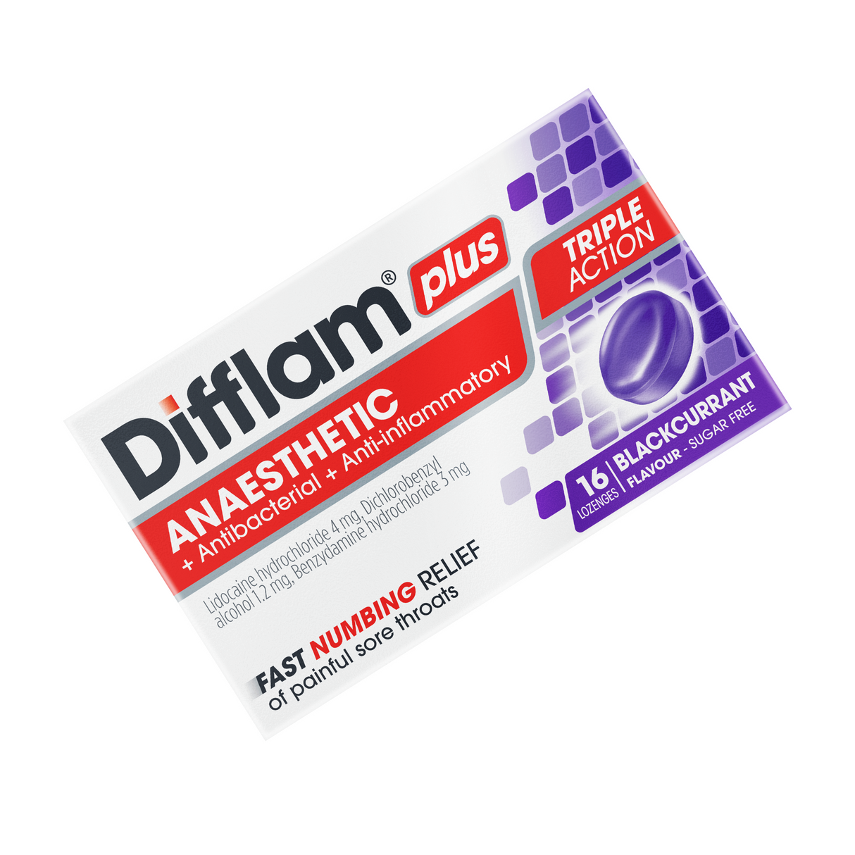 Difflam Plus Anaesthetic Sore Throat Lozenges Blackcurrant Flavour 16 Pack