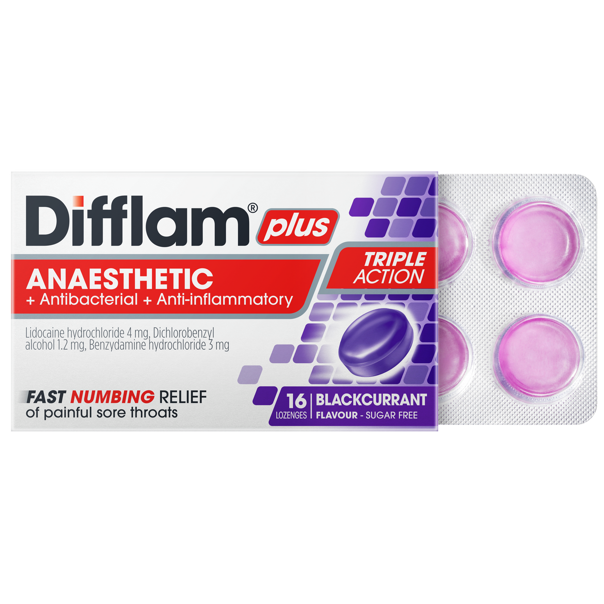 Difflam Plus Anaesthetic Sore Throat Lozenges Blackcurrant Flavour 16 Pack