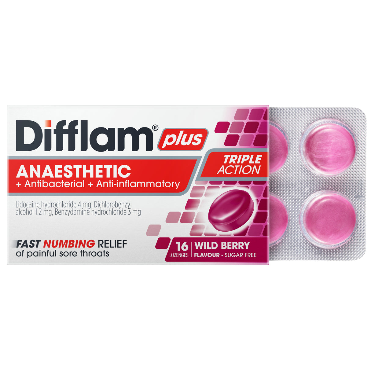 Difflam Plus Anaesthetic Sore Throat Lozenges Berry Flavour 16 Pack