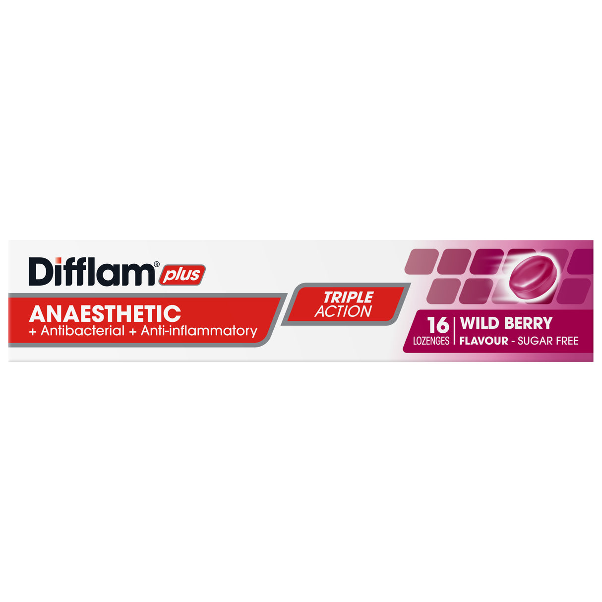 Difflam Plus Anaesthetic Sore Throat Lozenges Berry Flavour 16 Pack