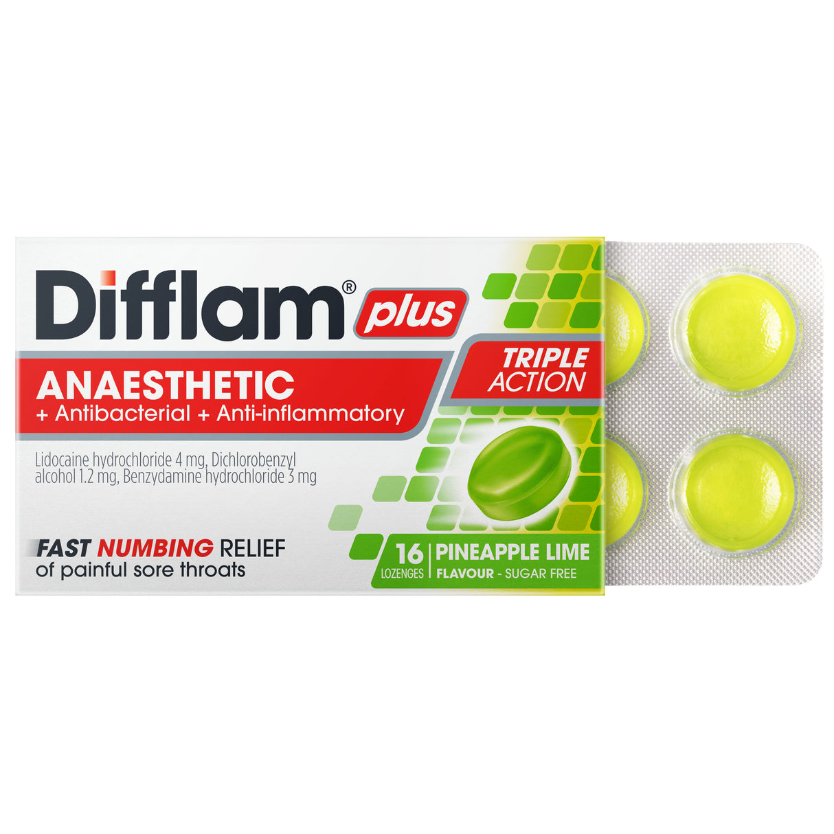 Difflam Plus Loz Pineapple Lime Sugar Free 16s