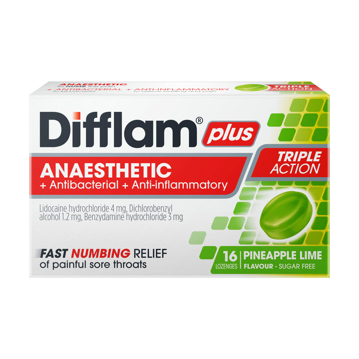 Difflam Plus Loz Pineapple Lime Sugar Free 16s