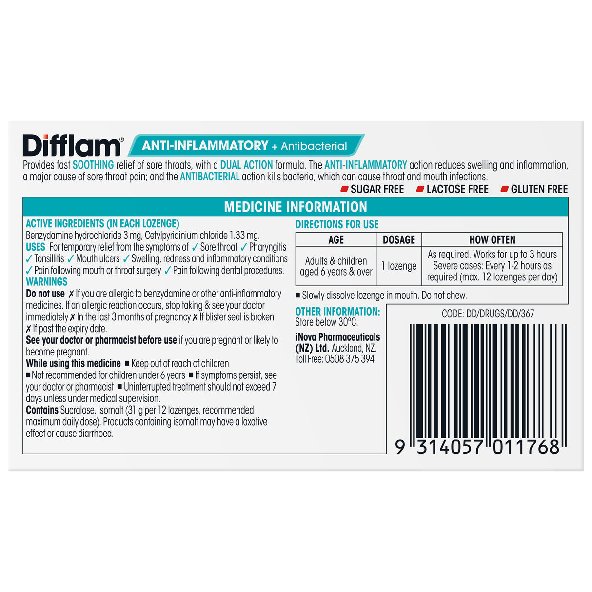 Difflam Sore Throat Lozenges Sugar Free Raspberry Flavour 16 Pack