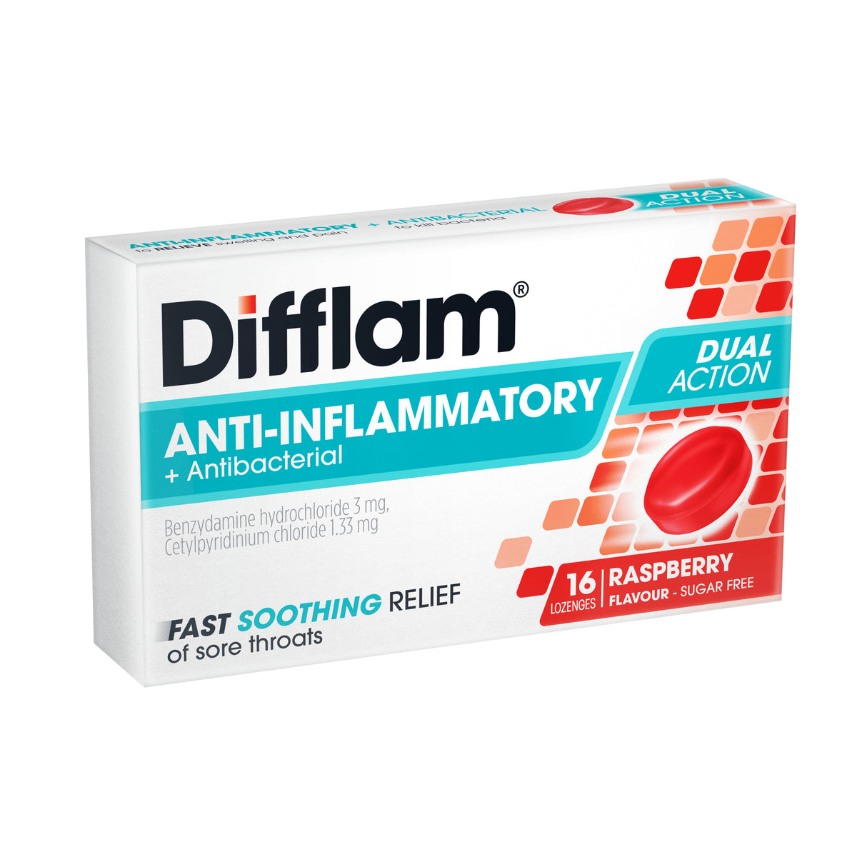 Difflam Sore Throat Lozenges Sugar Free Raspberry Flavour 16 Pack