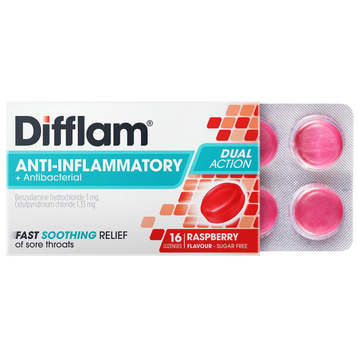 Difflam Sore Throat Lozenges Sugar Free Raspberry Flavour 16 Pack