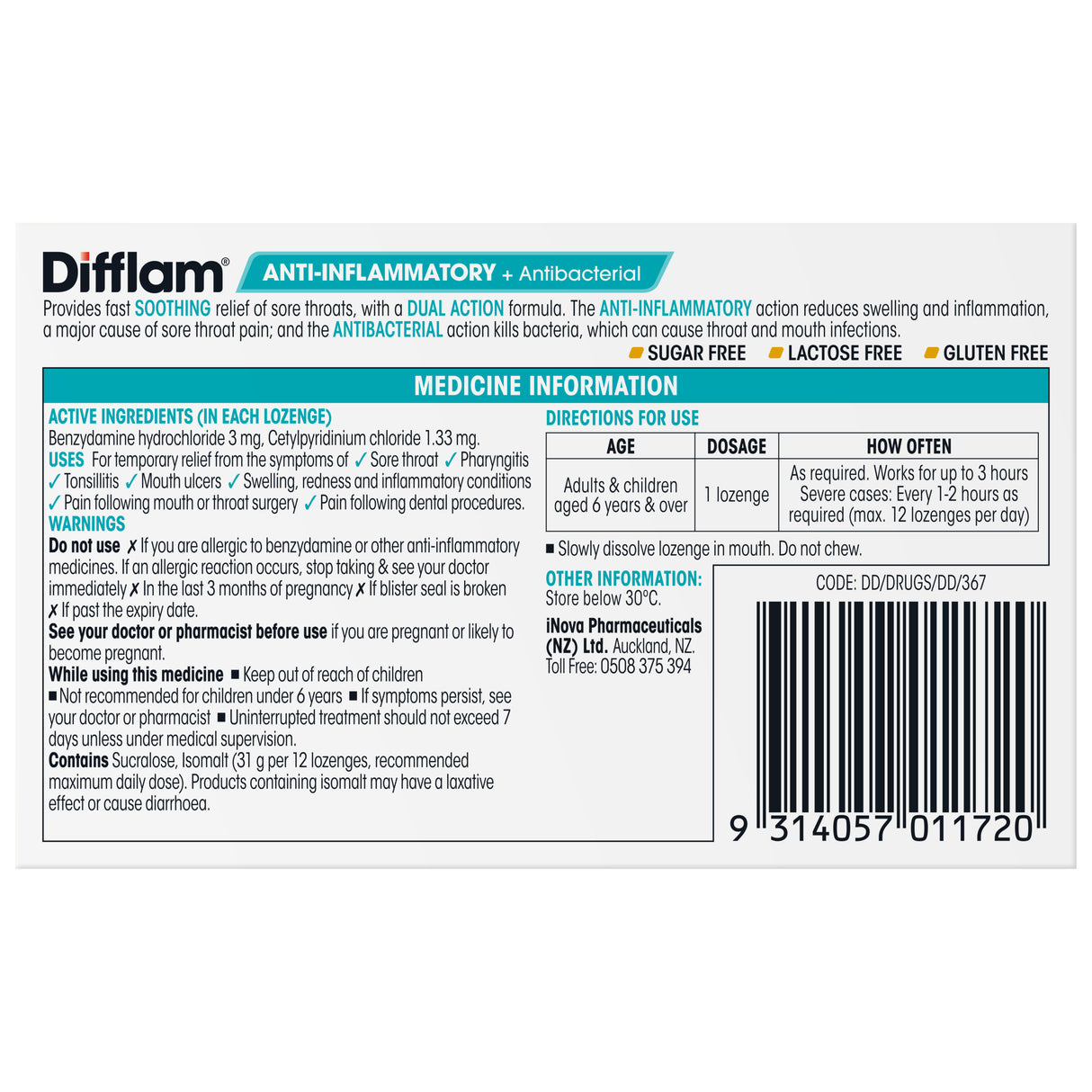 Difflam Sore Throat Lozenges Sugar Free Honey & Lemon 16 Pack