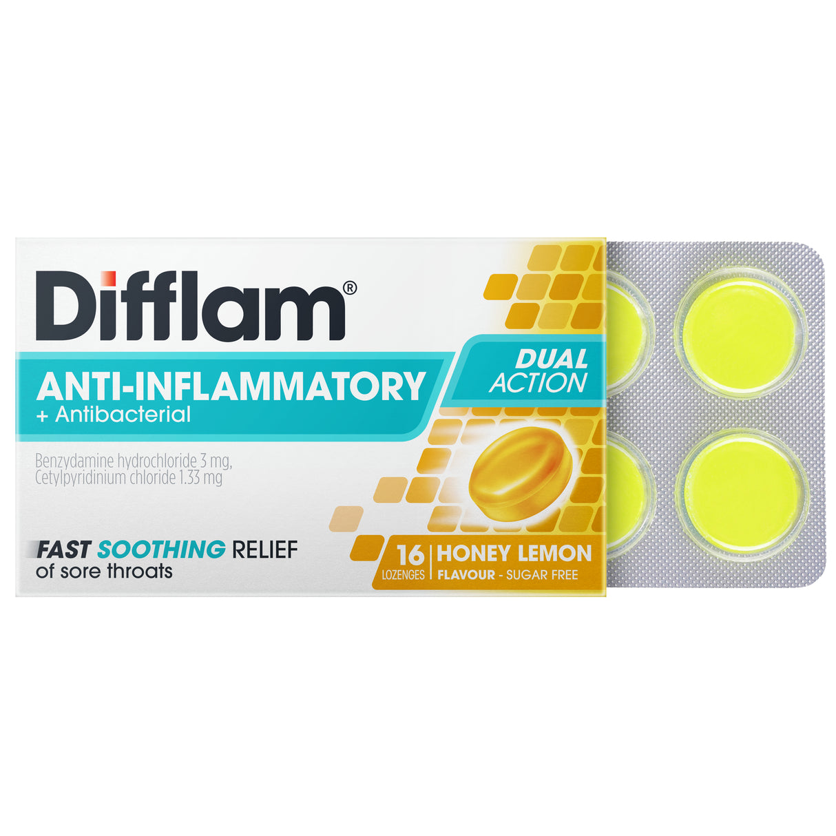 Difflam Sore Throat Lozenges Sugar Free Honey & Lemon 16 Pack