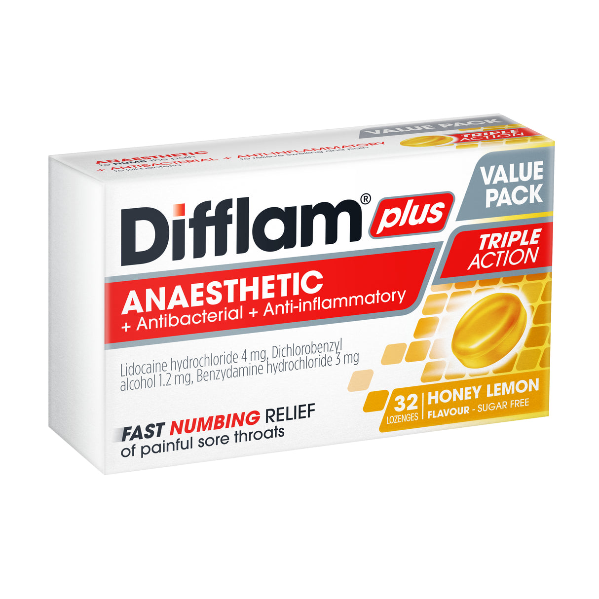 Difflam Plus Lozenges Anaesthetic Honey Lemon 32s