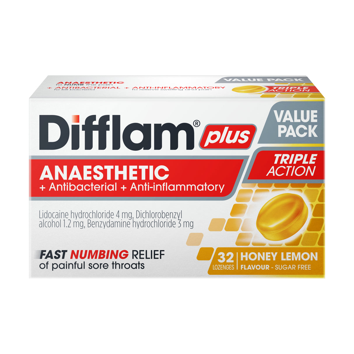 Difflam Plus Lozenges Anaesthetic Honey Lemon 32s