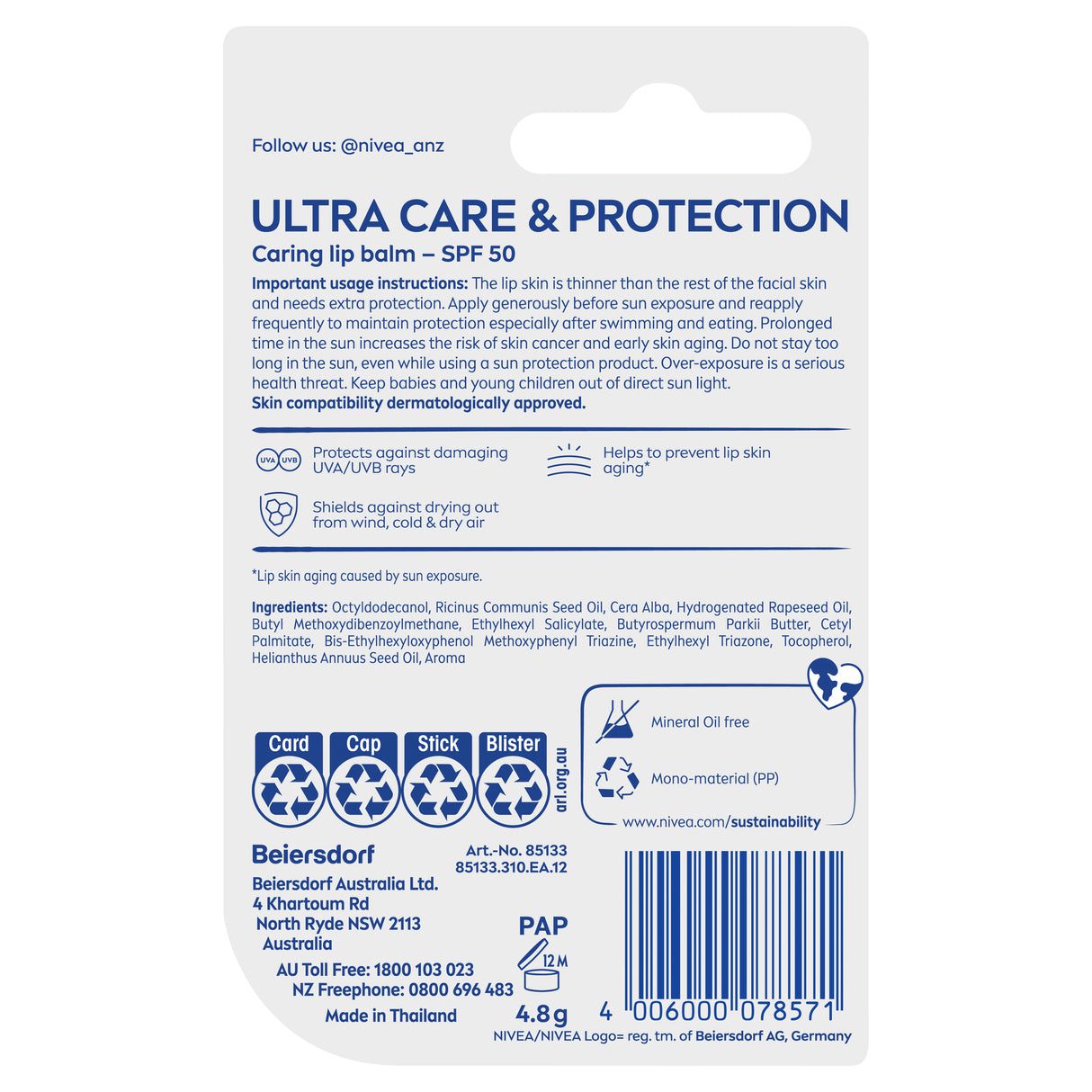 NIVEA Lip Ult Care&Prot SPF50+ 4.8g
