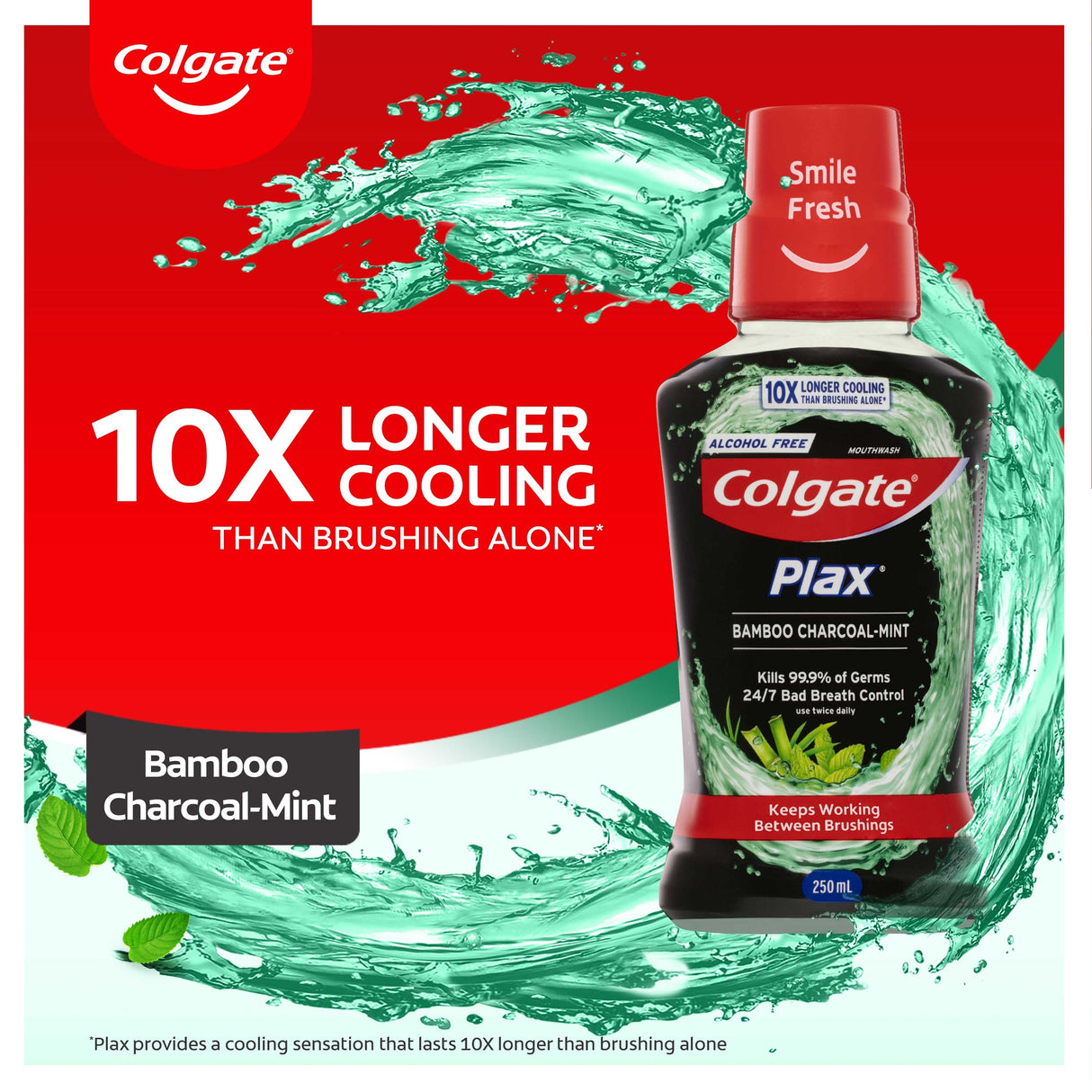 Colgate Plax Antibacterial Mouthwash, 250mL, Bamboo Charcoal Mint, Alcohol Free, Bad Breath Control