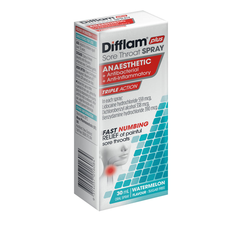 Difflam Plus Sore Throat Spray Anaesthetic + Antibacterial + Anti-Inflammatory Watermelon 225 Sprays 30mL