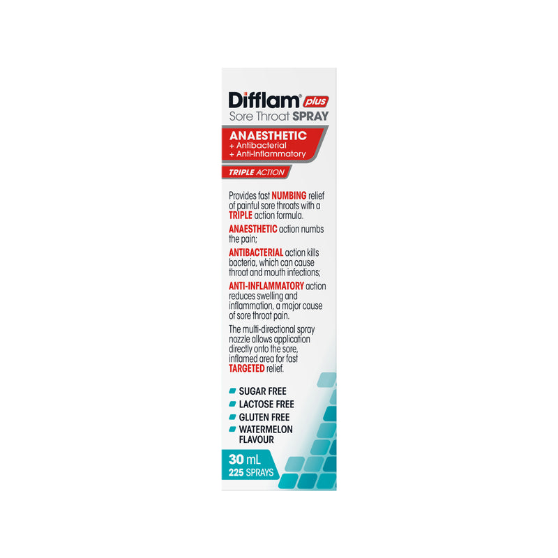 Difflam Plus Sore Throat Spray Anaesthetic + Antibacterial + Anti-Inflammatory Watermelon 225 Sprays 30mL
