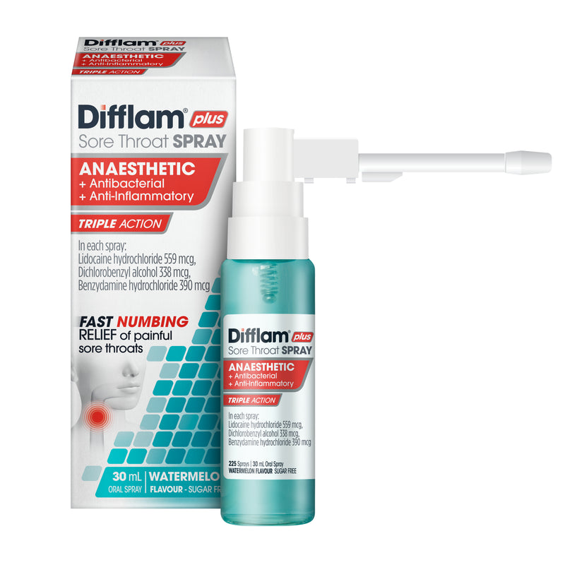 Difflam Plus Sore Throat Spray Anaesthetic + Antibacterial + Anti-Inflammatory Watermelon 225 Sprays 30mL