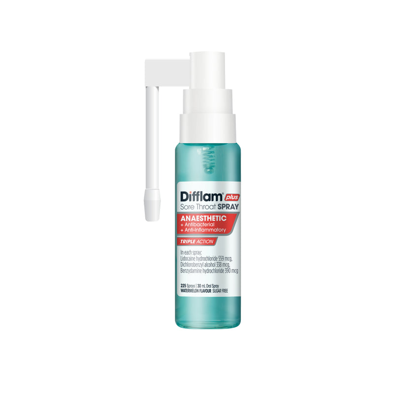 Difflam Plus Sore Throat Spray Anaesthetic + Antibacterial + Anti-Inflammatory Watermelon 225 Sprays 30mL