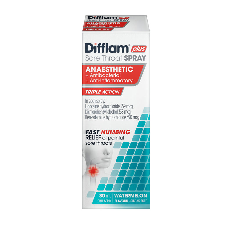 Difflam Plus Sore Throat Spray Anaesthetic + Antibacterial + Anti-Inflammatory Watermelon 225 Sprays 30mL