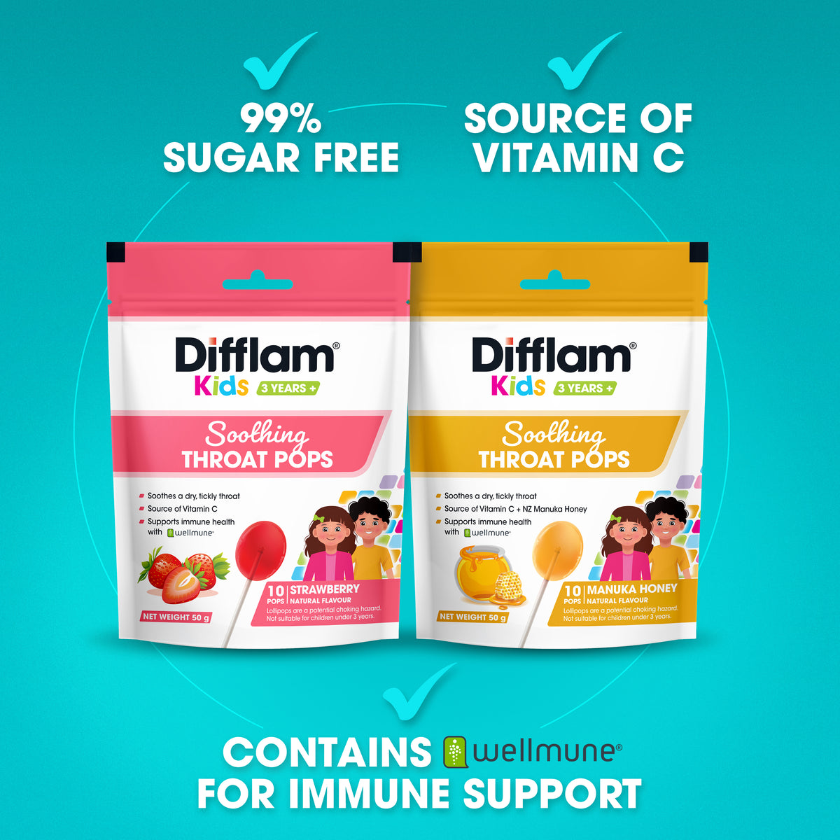 DIFFLAM Kids Soothe Throat Pops Strawberry 10s