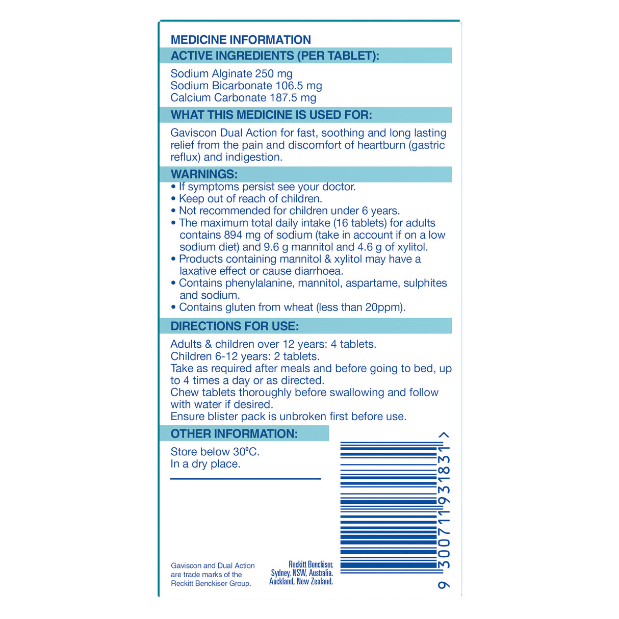 Gaviscon Dual Action Chewable Tablets Peppermint Heartburn & Indigestion Relief 32 Pack