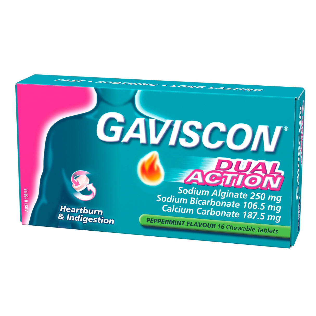 Gaviscon Dual Action Chewable Tablets Peppermint Heartburn & Indigestion Relief 16 Pack