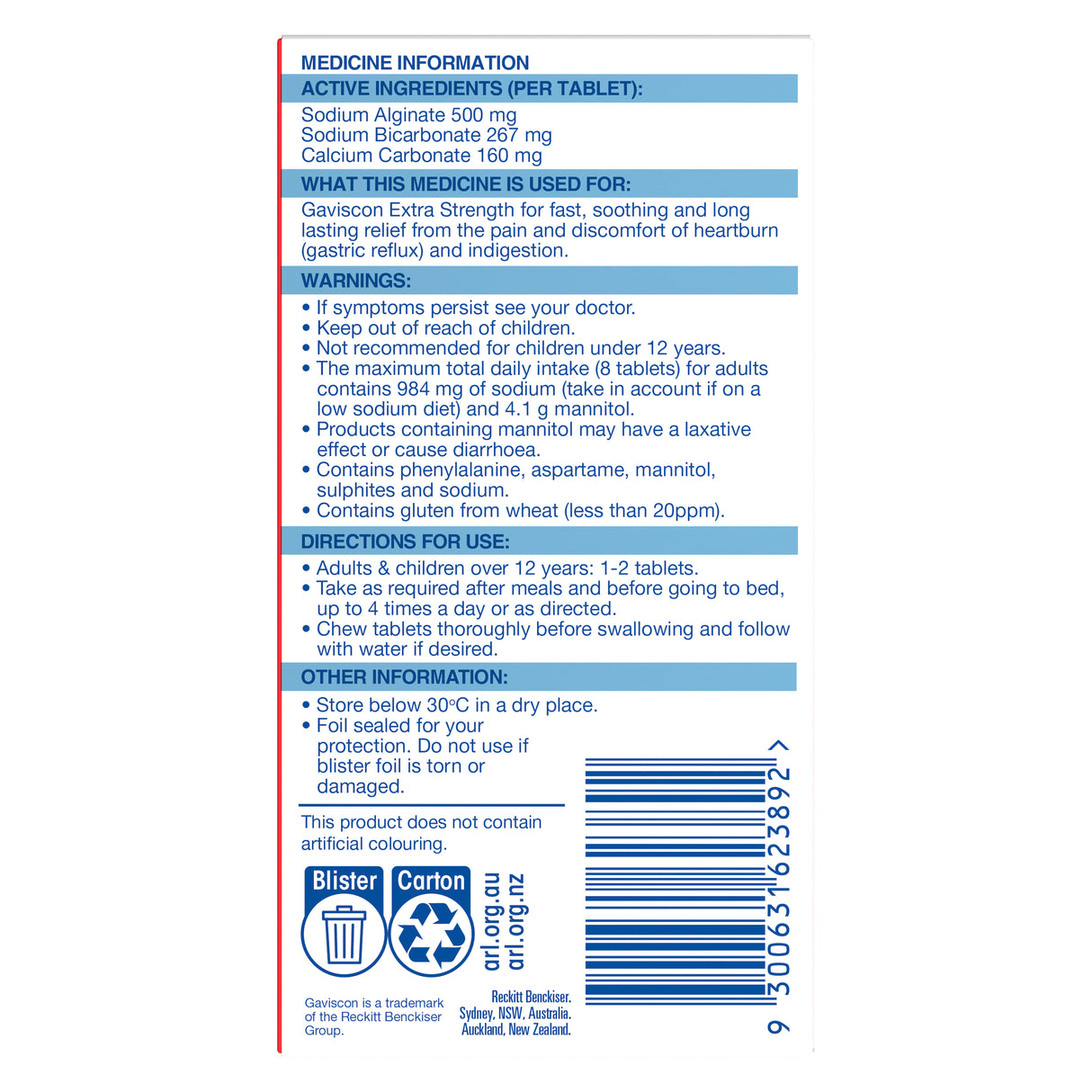 Gaviscon Extra Strength Heartburn and Indigestion Relief Tablets Peppermint 24 Pack