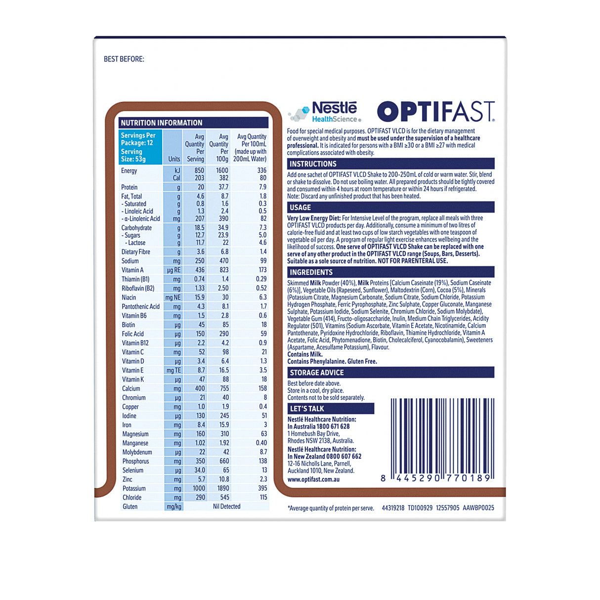 Optifast VLCD Shake Chocolate 12x53g