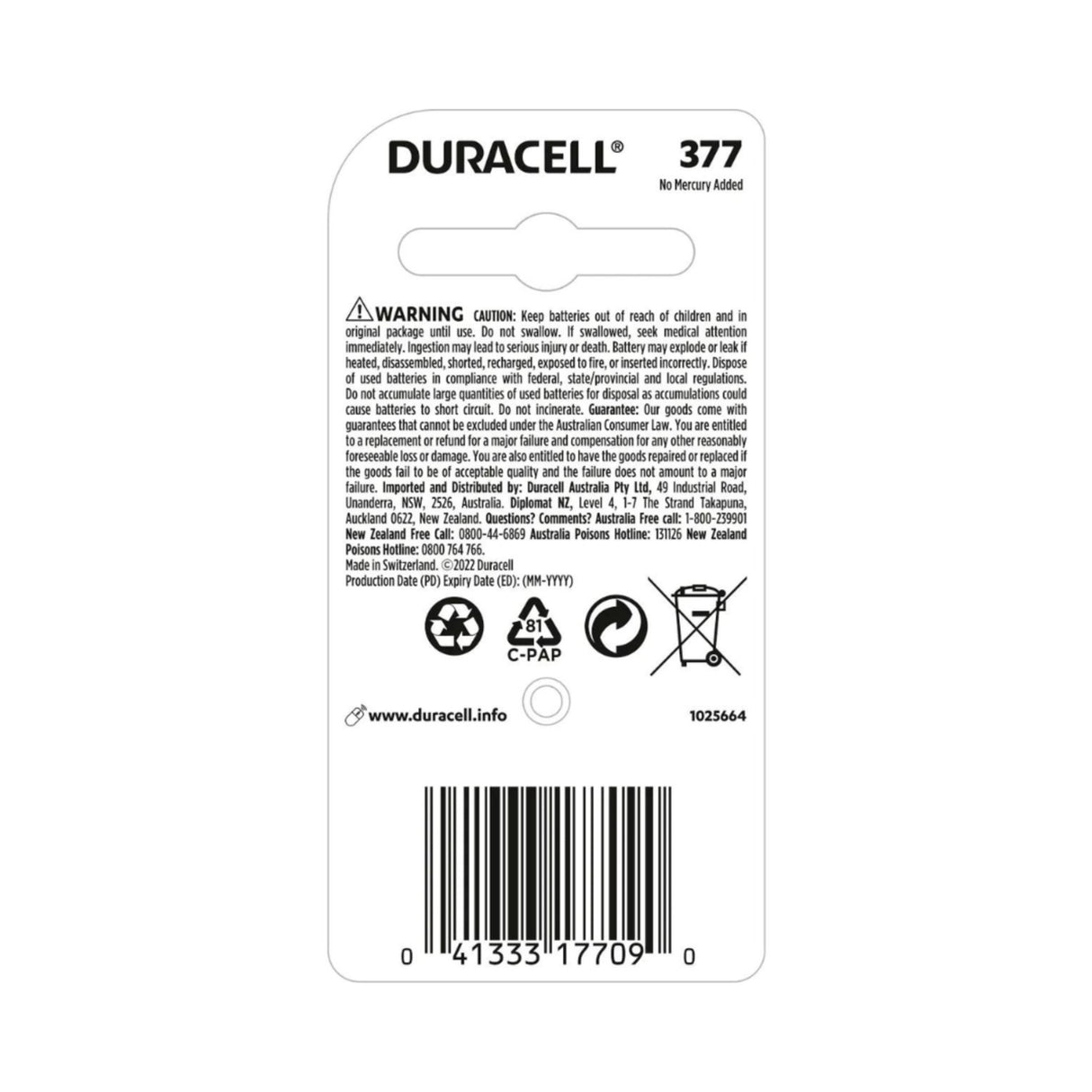 Duracell Specialty 377 Silver Oxide Battery 1 Pack