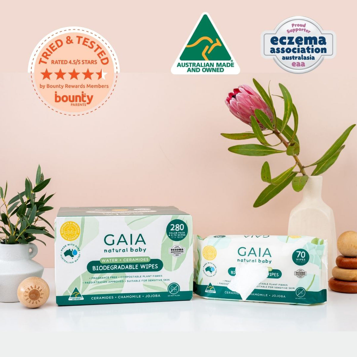 GAIA Natural Baby Water + Ceramides Biodegradable Wipes 280pk