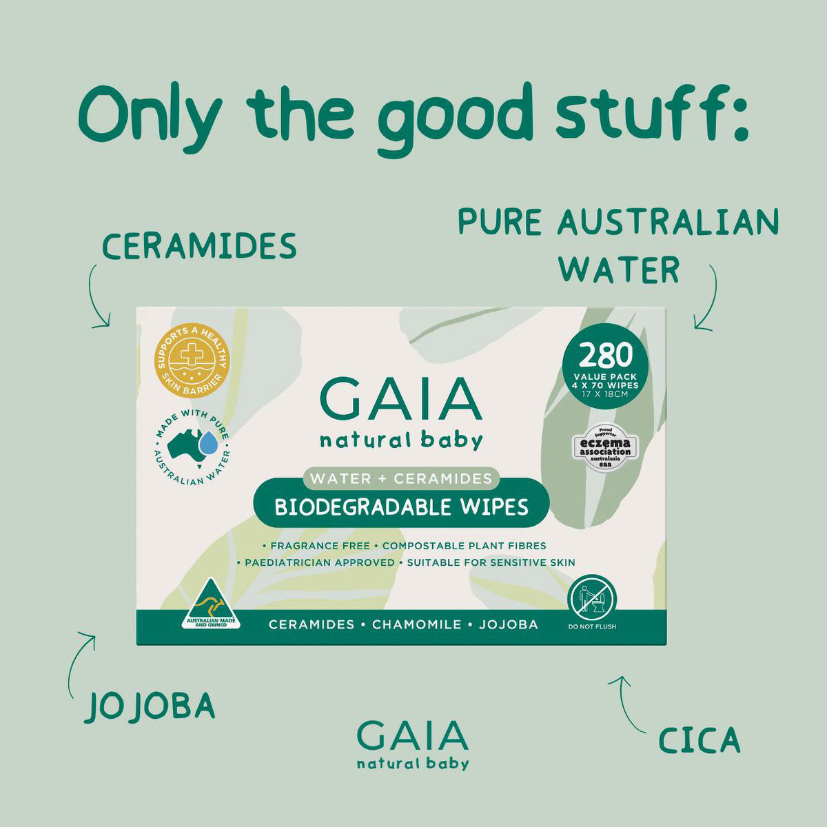 GAIA Natural Baby Water + Ceramides Biodegradable Wipes 280pk